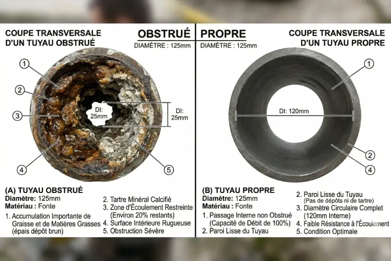 Canalisation avant et après curage — comparaison du résultat